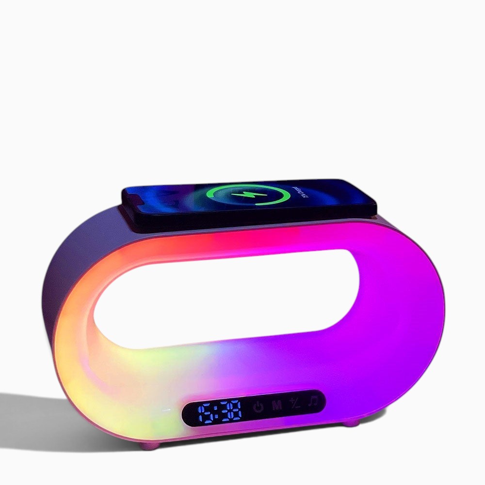 Lampe de chevet Lumeoo CHROMOVA RGB avec chargeur induction, réveil Bluetooth et éclairage 256 couleurs