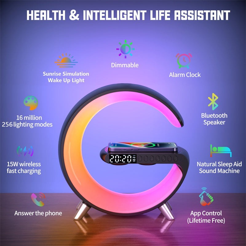 Lampe chevet Lumeoo AURORIS RGB avec chargeur sans fil, réveil, enceinte Bluetooth et simulation d'aube.
