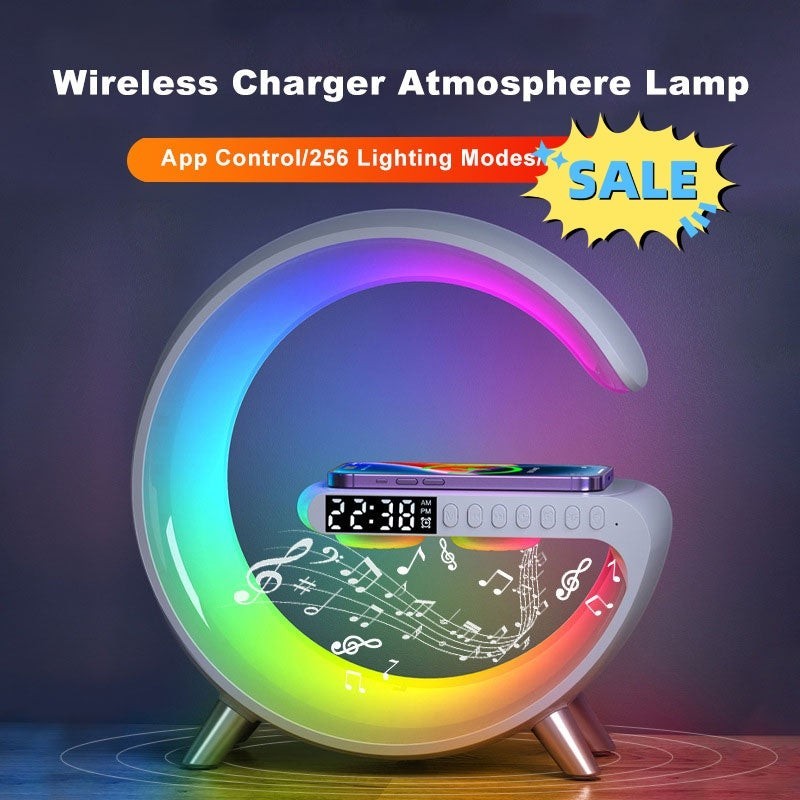 Lampe chevet Lumeoo RGB en forme de G avec chargeur sans fil, réveil numérique et contrôle Bluetooth multicolore.