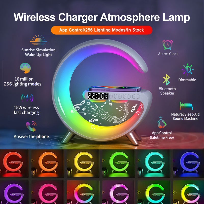 Lampe chevet Lumeoo AURORIS RGB avec chargeur sans fil, réveil, Bluetooth et simulation d'aube multicolore.