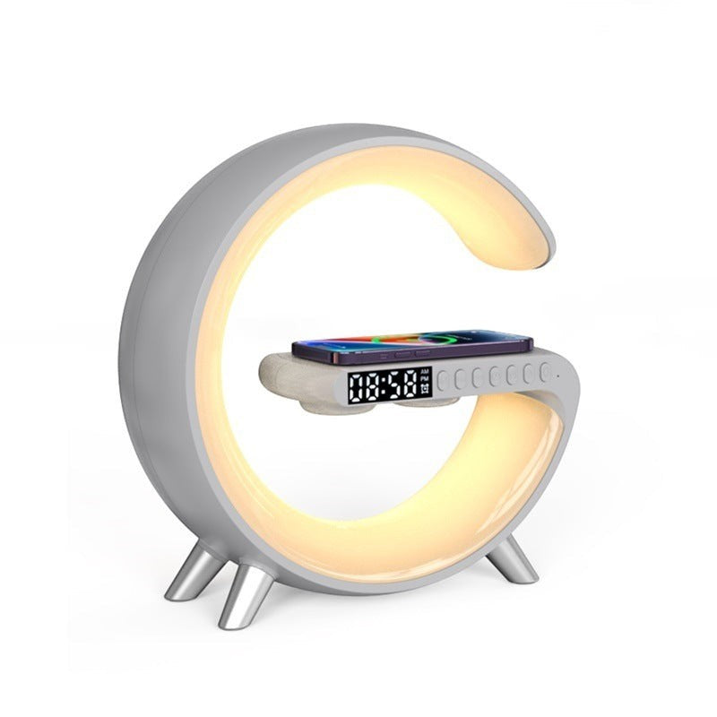 Lampe de chevet Lumeoo RGB en forme de G avec chargeur sans fil, réveil numérique et simulation d'aube.