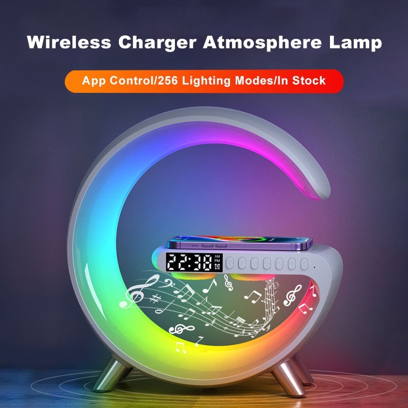 Lampe chevet Lumeoo RGB en forme de G avec chargeur sans fil, réveil numérique et haut-parleur Bluetooth intégré.