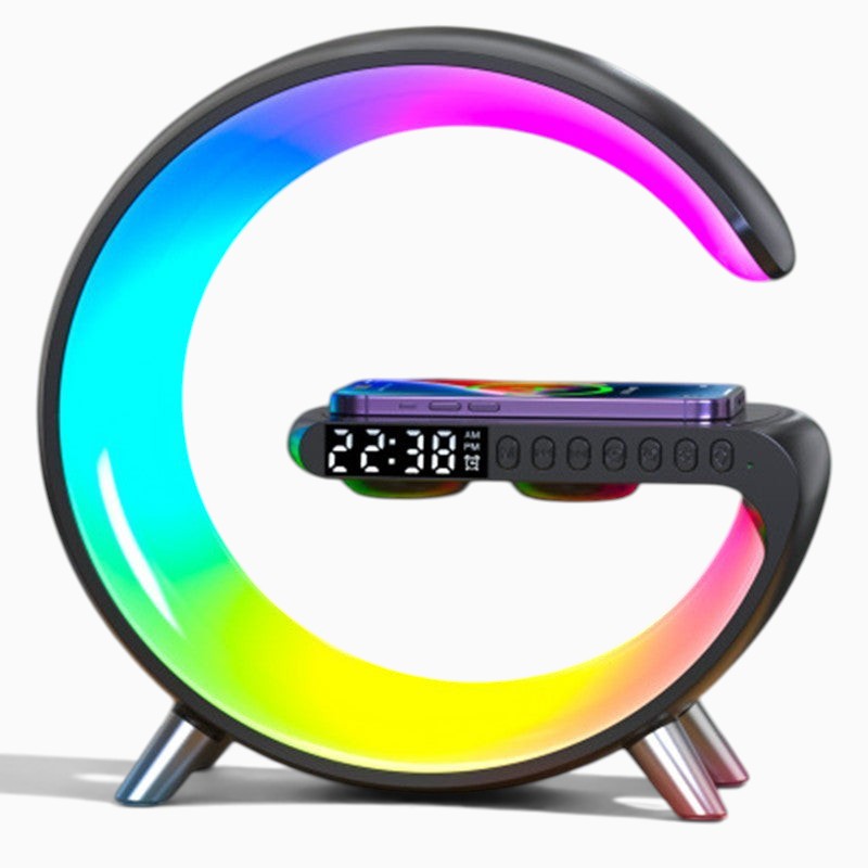 Lampe de chevet Lumeoo RGB en forme de G avec chargeur sans fil, réveil numérique et simulation d'aube multicolore