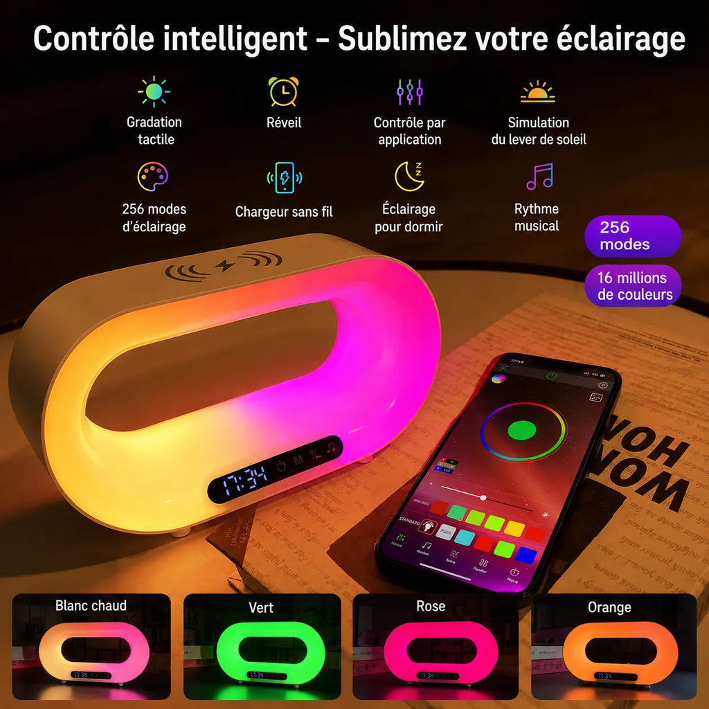 Lampe de chevet Lumeoo RGB ovale avec chargeur induction, réveil Bluetooth et contrôle par application smartphone.