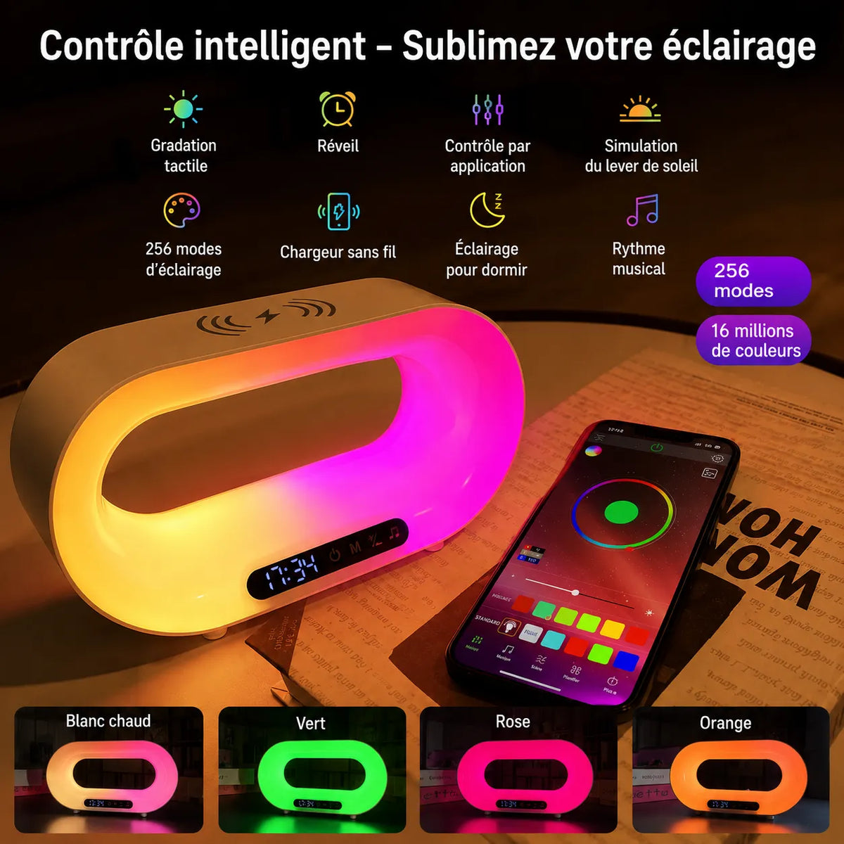 Lampe de chevet Lumeoo RGB ovale avec chargeur induction, réveil Bluetooth et contrôle par application smartphone.