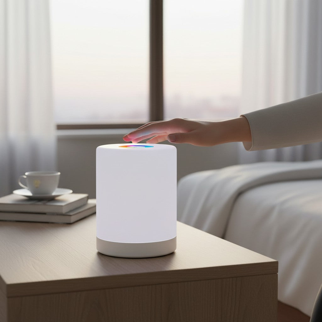 Lampe de chevet RGB Lumeoo rechargeable au design cylindrique blanc avec une main activant le contrôle tactile