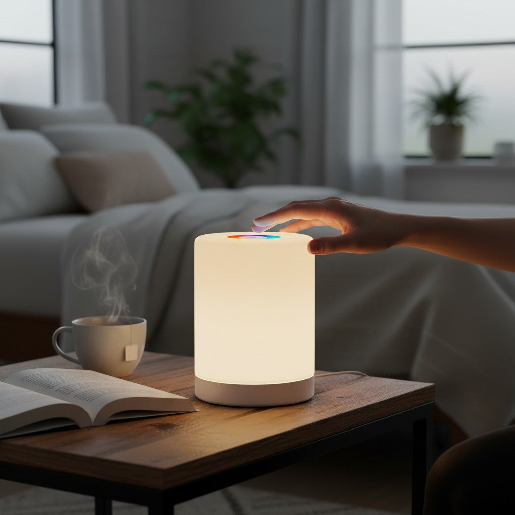 Lampe de chevet Lumeoo RGB rechargeable cylindrique diffusant une lumière douce sur une table en bois dans une chambre