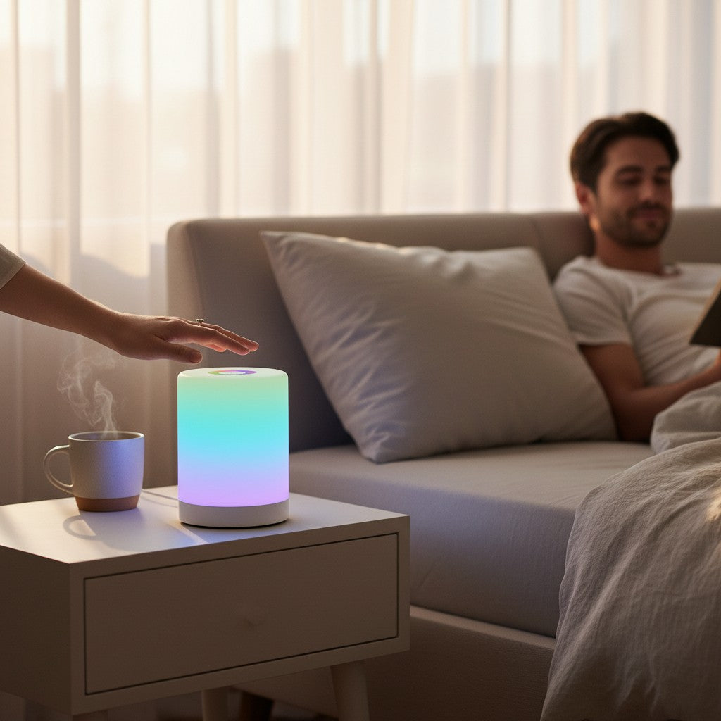 Lampe de chevet Lumeoo RGB rechargeable cylindrique diffusant une lumière colorée douce sur une table de nuit