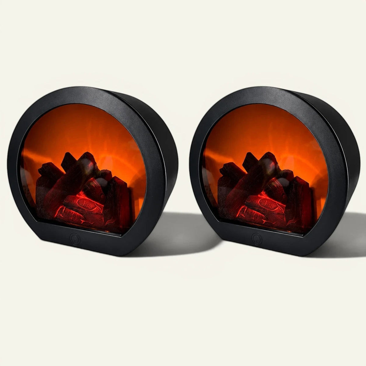 Lampe Lumeoo FLAMORA ronde à effet flamme LED avec bûches décoratives pour une ambiance chaleureuse et cocooning.