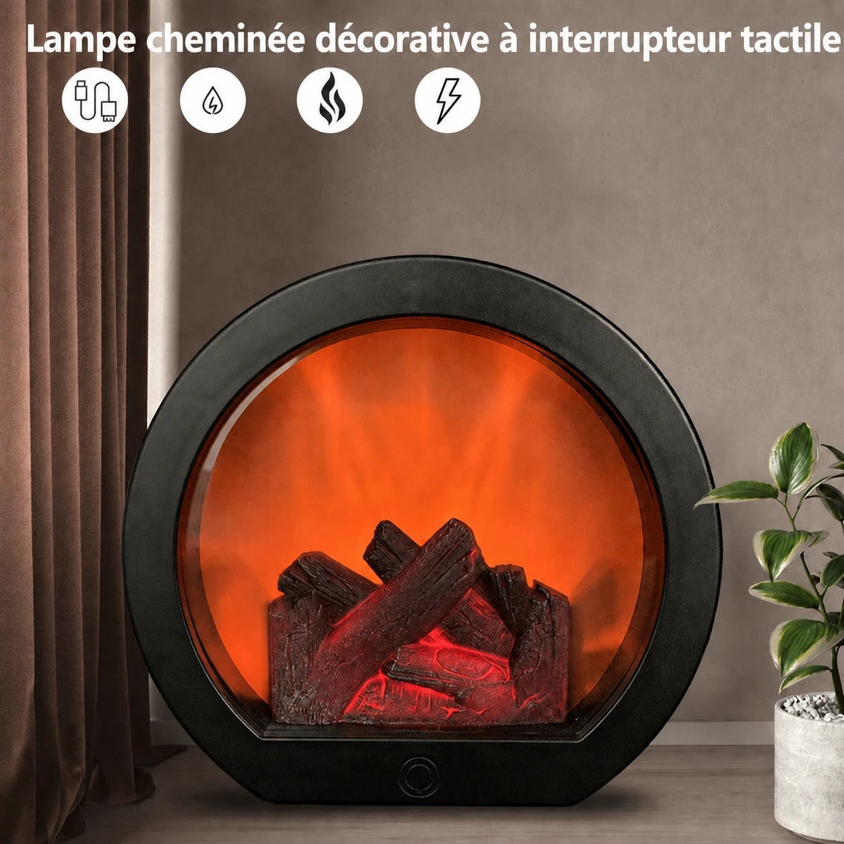 Lampe Lumeoo ronde effet flamme avec bûches décoratives et éclairage LED chaleureux pour une ambiance cocooning.