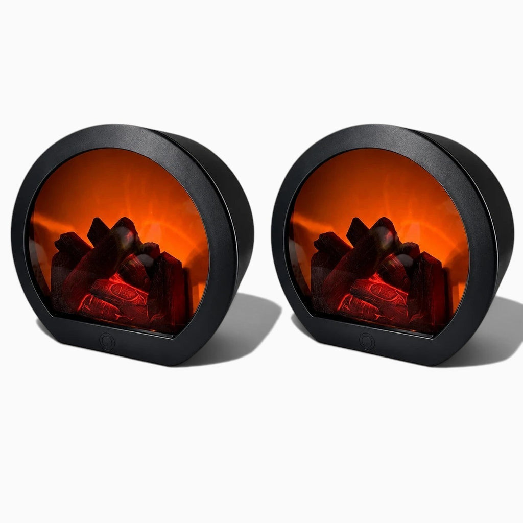Deux lampes Lumeoo rondes à effet flamme avec bûches décoratives et éclairage LED chaleureux pour ambiance cocooning