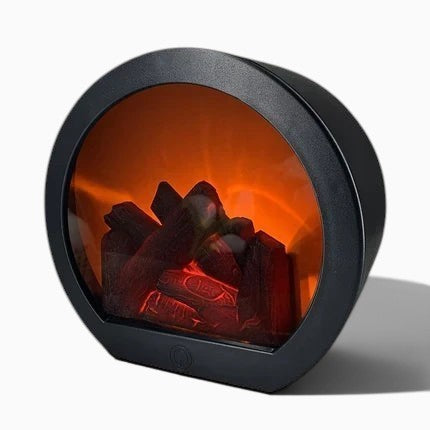 Lampe effet flamme ronde Lumeoo avec structure noire et simulation de bûches lumineuses pour une ambiance chaleureuse