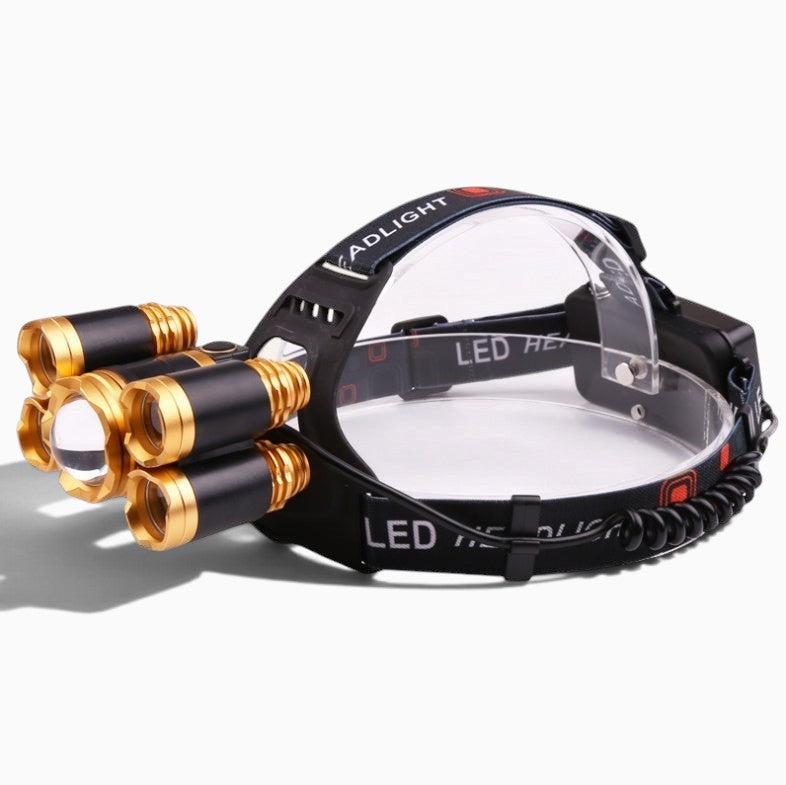 Lampe frontale Lumeoo MULTIFRONT à 5 LED avec corps en aluminium noir et doré, zoomable et réglable pour la randonnée.