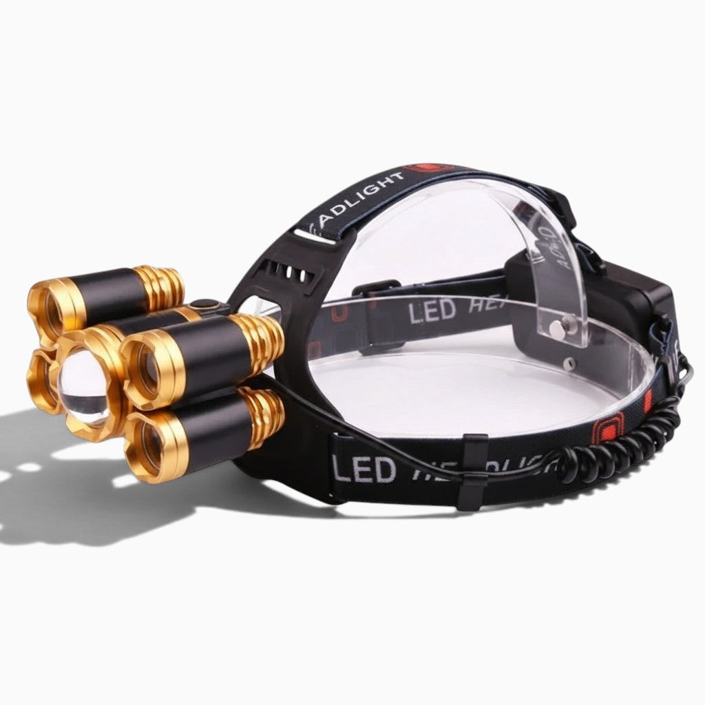 Lampe frontale Lumeoo MULTIFRONT avec 5 LED, corps en aluminium noir et doré, zoomable et ajustable