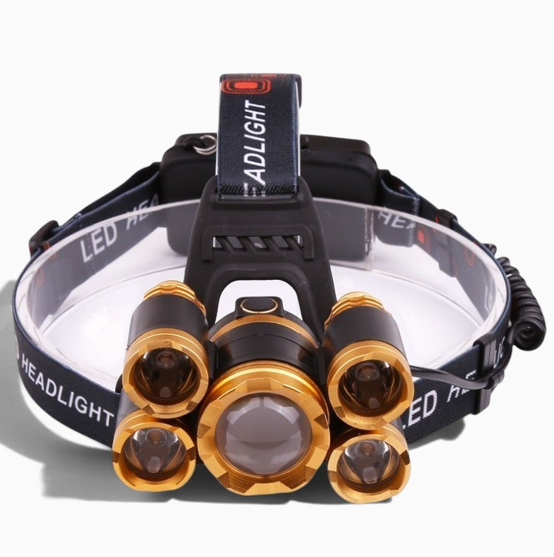 Lampe frontale Lumeoo MULTIFRONT à 5 LED avec zoom, boîtier en aluminium noir et doré et sangle réglable
