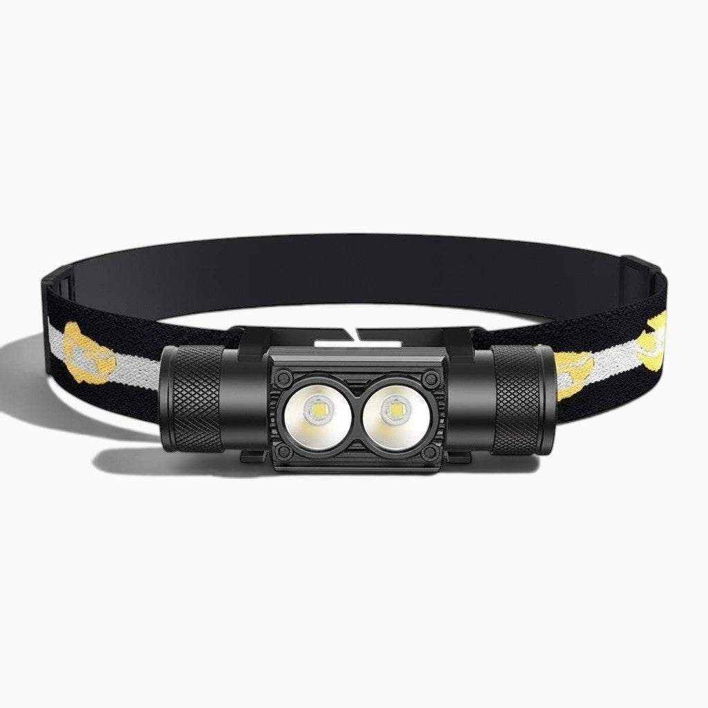 Lampe frontale Lumeoo ALPHALUX en aluminium noir avec double LED puissante et bandeau élastique réglable