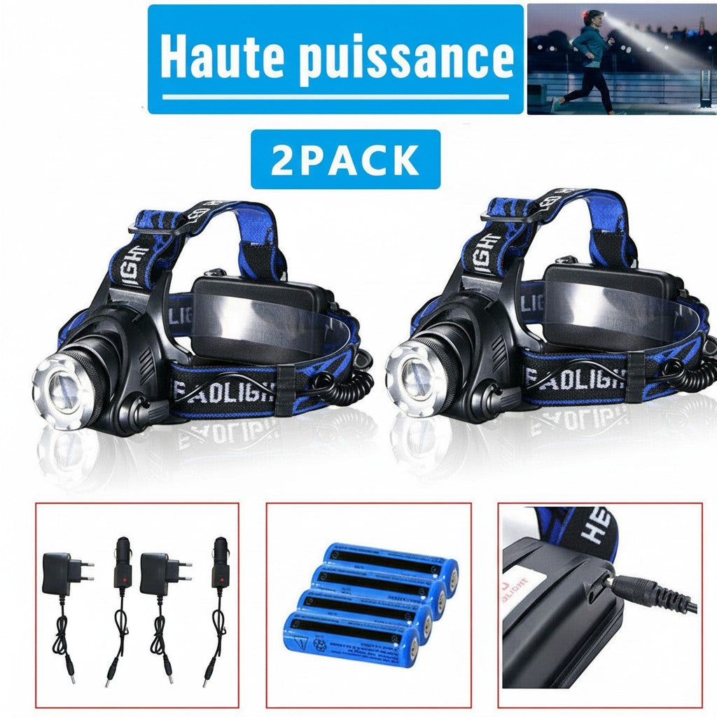 Pack de 2 lampes frontales LED Lumeoo rechargeables, noires et bleues, avec batteries Li-ion et chargeurs inclus.