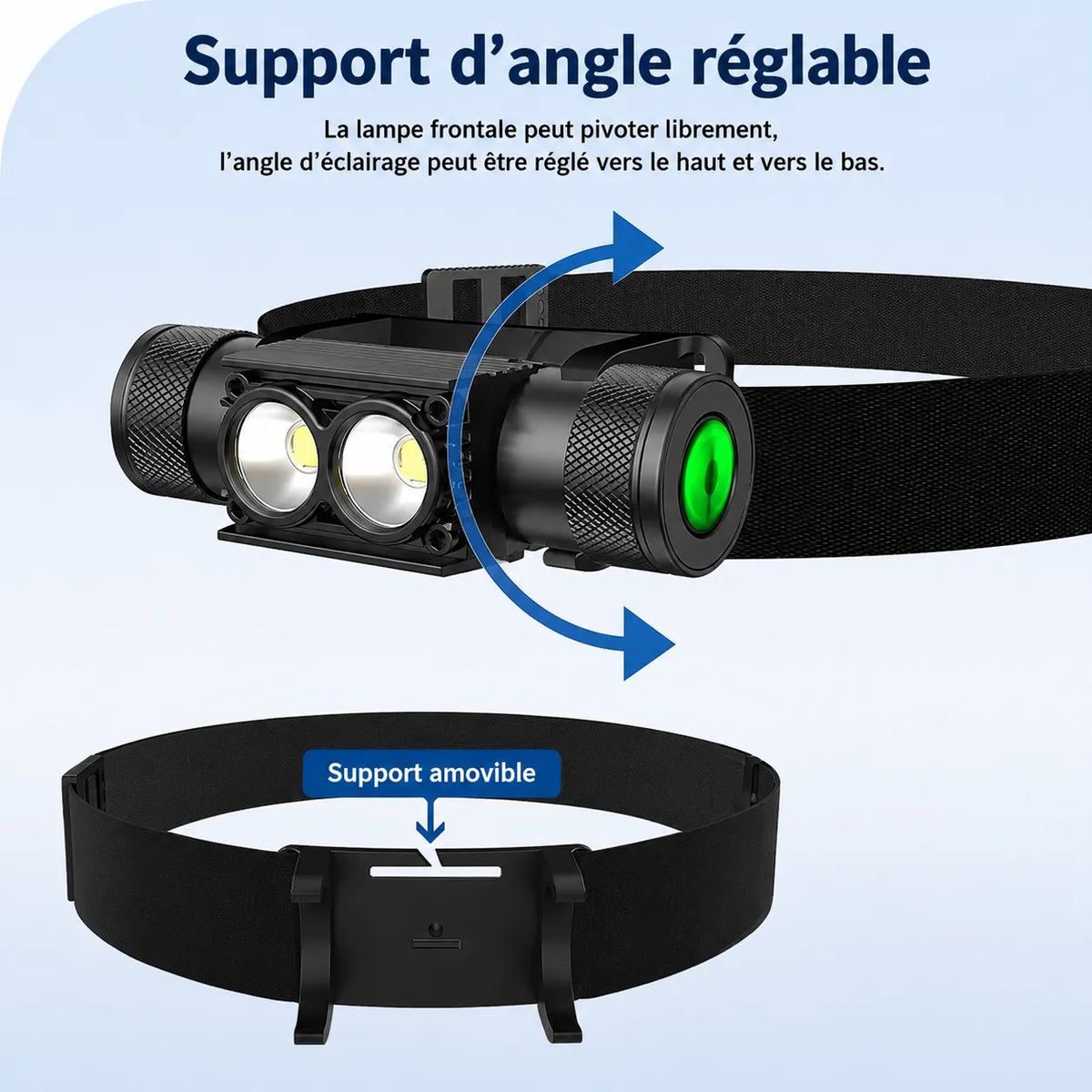 Lampe frontale Lumeoo ALPHALUX en aluminium noir avec support réglable et bandeau amovible pour randonnée nocturne.