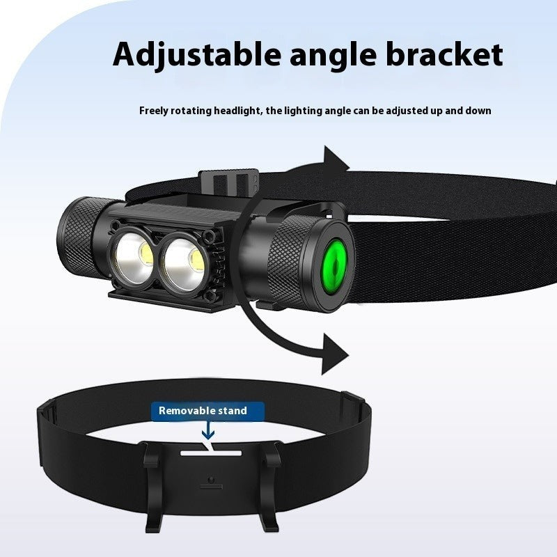 Lampe frontale Lumeoo ALPHALUX en aluminium noir avec support réglable et bandeau amovible pour randonnée nocturne.