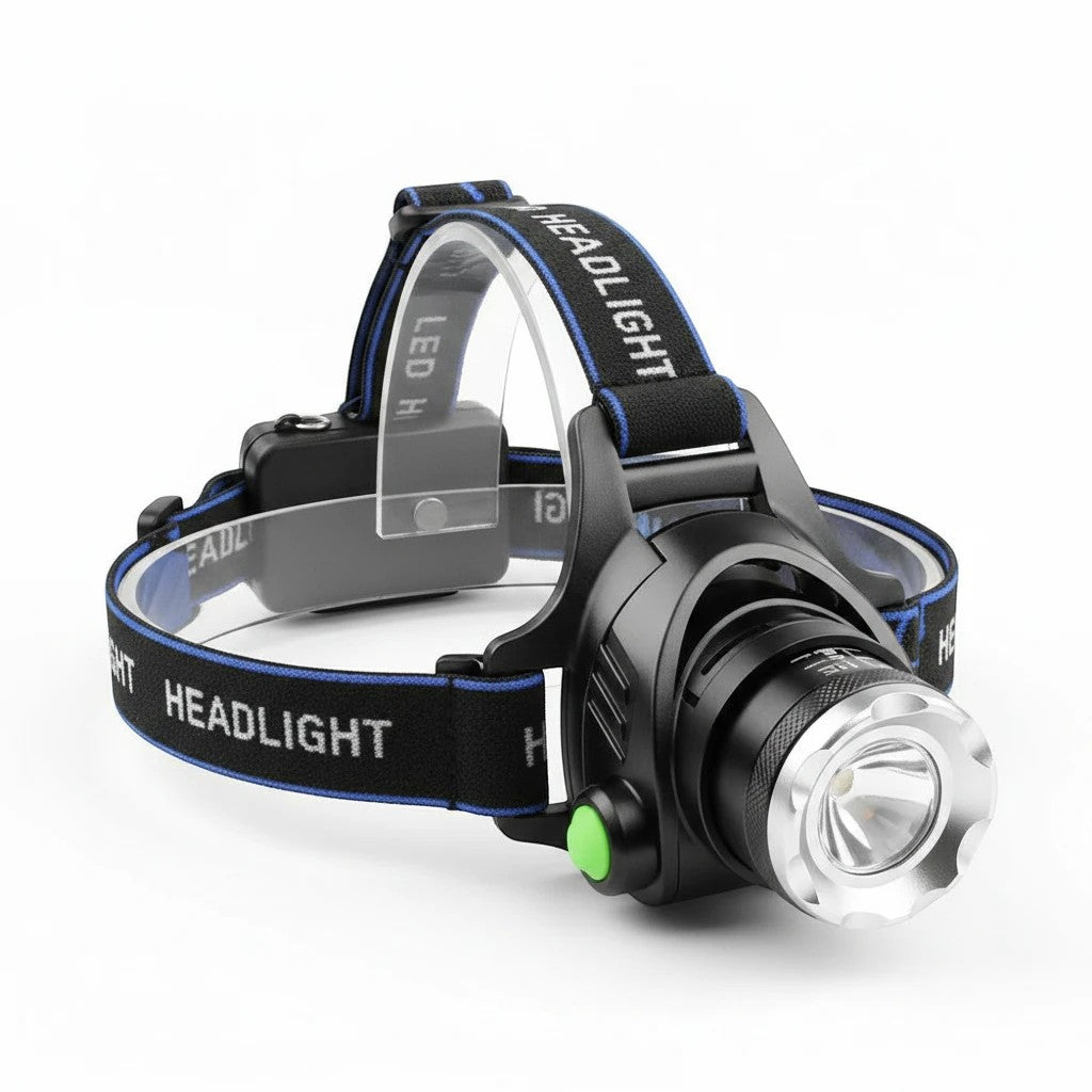 Lampe frontale LED rechargeable Lumeoo avec 3 modes d'éclairage, bandeau élastique noir et bouton de commande vert.