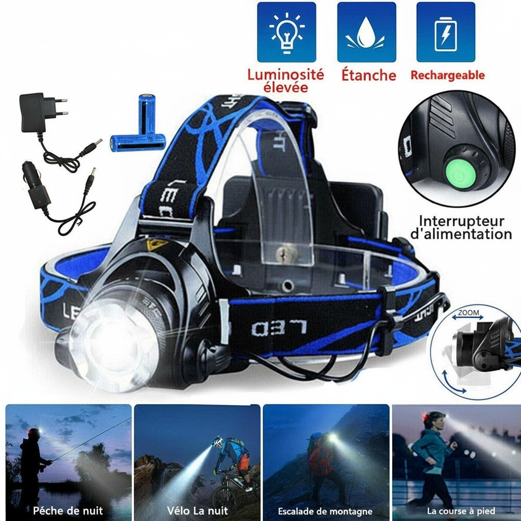 Lampe frontale LED Lumeoo rechargeable avec 3 modes, 2 batteries et sangle réglable pour activités outdoor.