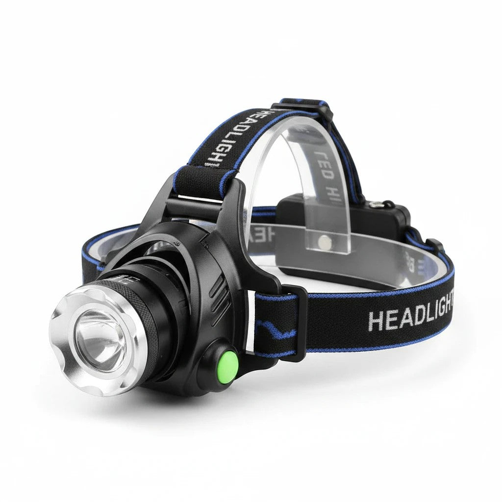 Lampe frontale LED Lumeoo noire avec sangle réglable, bouton vert et design ergonomique pour activités outdoor.