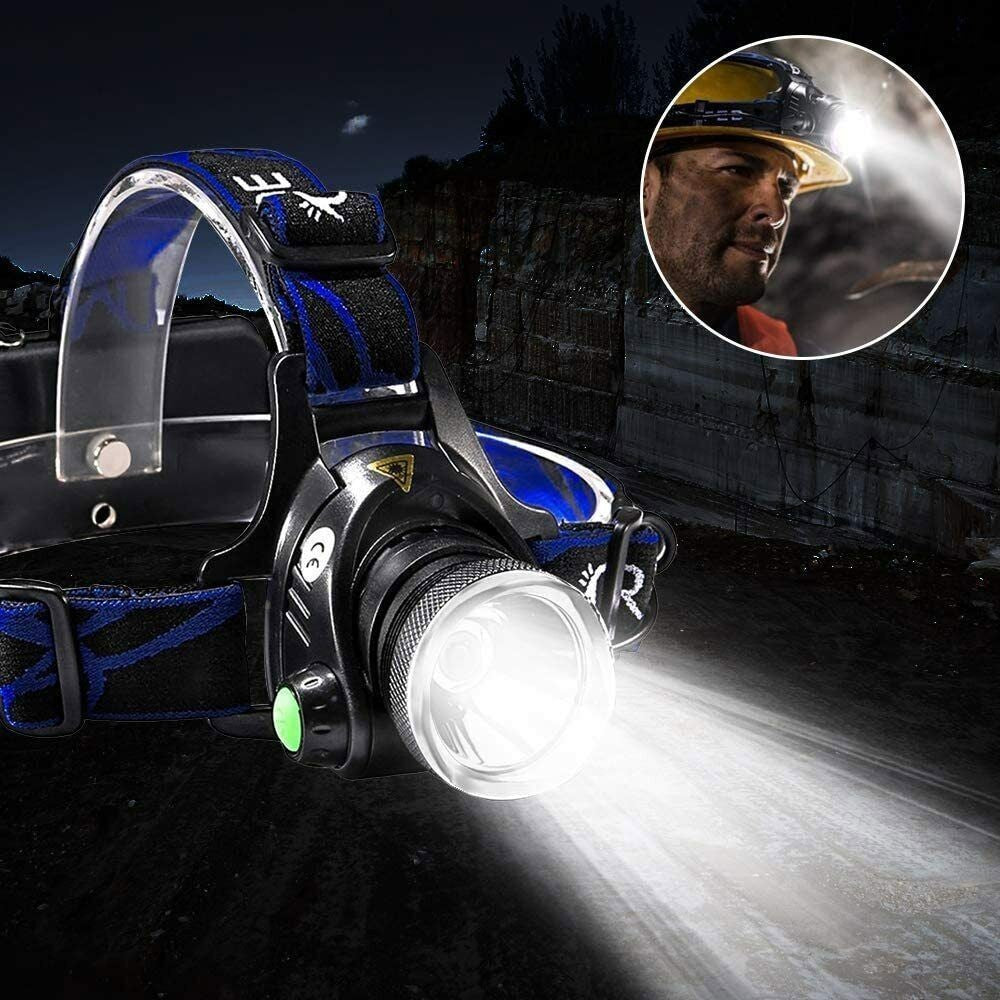 Lampe frontale LED Lumeoo DUOLUX rechargeable avec 3 modes d'éclairage, bandeau bleu et noir, idéale pour le bricolage.