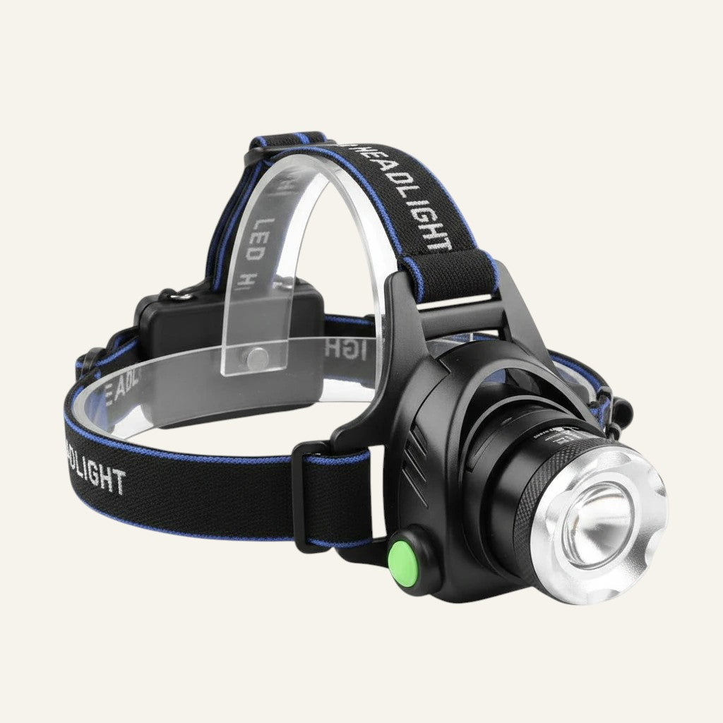 Lampe frontale LED Lumeoo DUOLUX rechargeable avec sangle élastique noire et bleue, 3 modes d'éclairage.