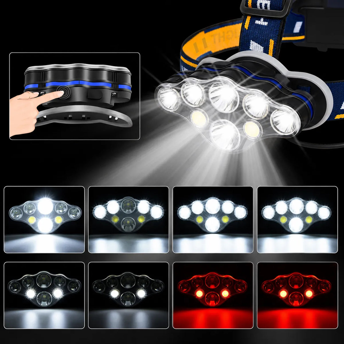 Lampe frontale Lumeoo puissante avec 8 modes d'éclairage LED, rechargeable USB, idéale pour la pêche et le camping.