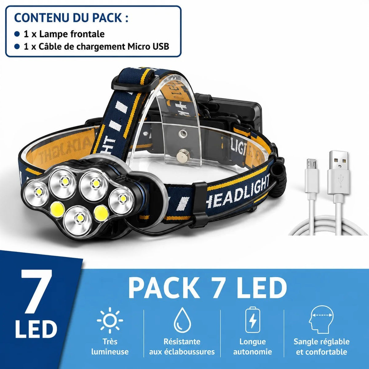 Lampe frontale Lumeoo 7 LED rechargeable USB avec sangle réglable, étanche pour la pêche et le camping nocturne