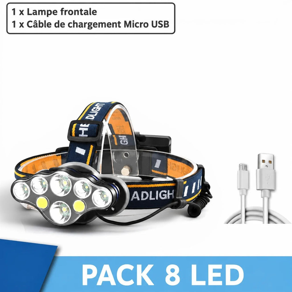 Lampe frontale Lumeoo puissante 8 LED rechargeable USB avec bandeau réglable pour pêche et randonnée nocturne