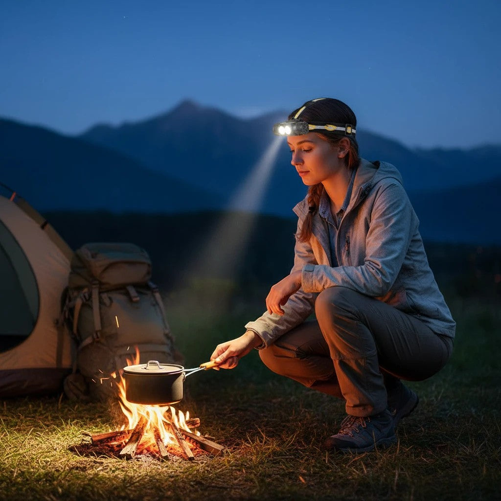 Lumeoo lampe frontale LED rechargeable en aluminium portée par une randonneuse devant un feu de camp en montagne