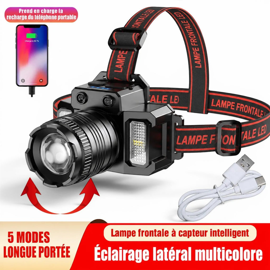 Lampe frontale Lumeoo SENSAFRONT noire avec capteur de mouvement, zoom ajustable, fonction powerbank et câble USB.