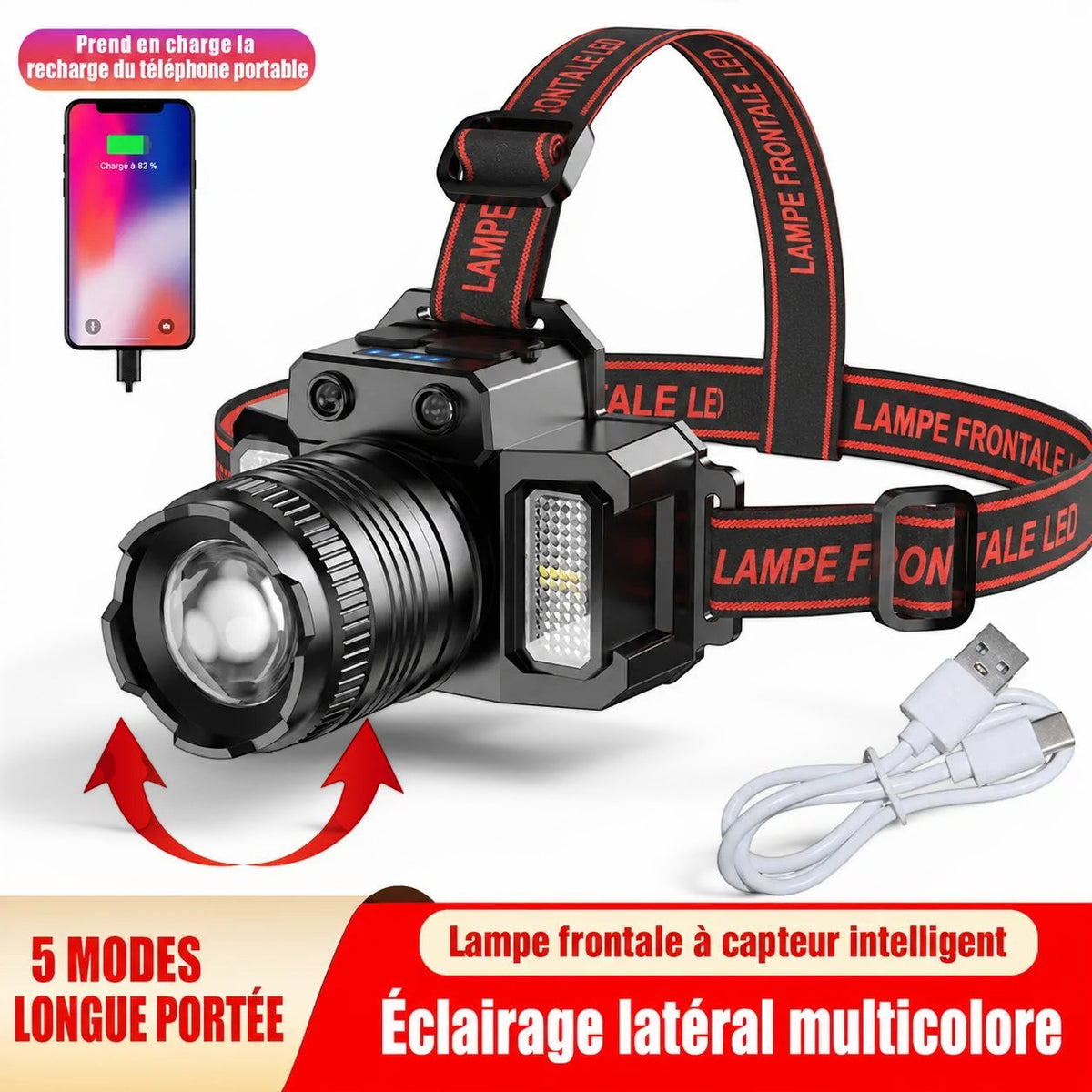 Lampe frontale Lumeoo SENSAFRONT noire avec capteur de mouvement, zoom ajustable, fonction powerbank et câble USB.