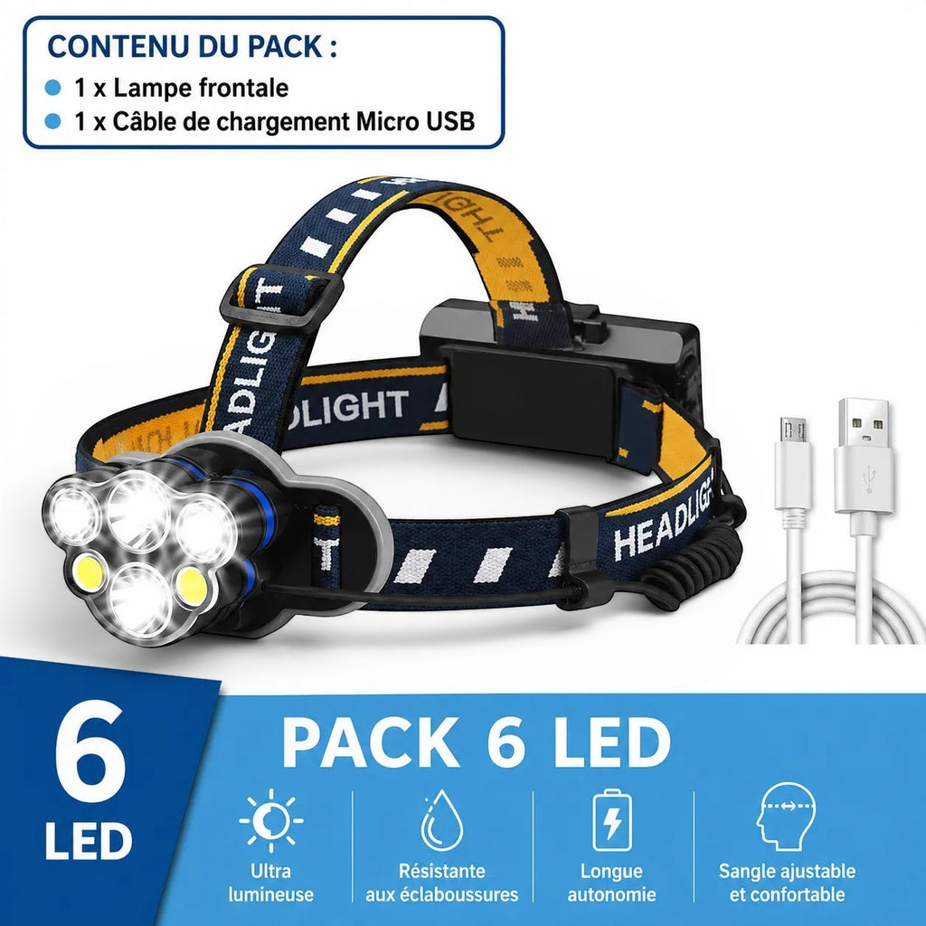 Lampe frontale Lumeoo 6 LED rechargeable USB, étanche, avec sangle ajustable pour pêche et randonnée nocturne.