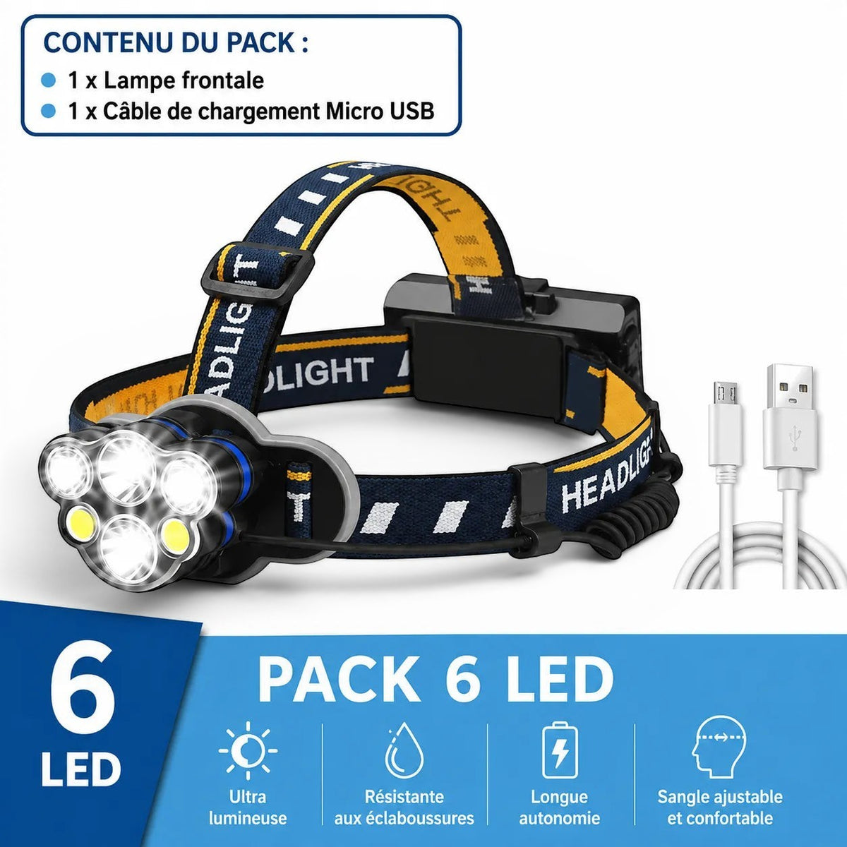 Lampe frontale Lumeoo 6 LED rechargeable USB, étanche, avec sangle ajustable pour pêche et randonnée nocturne.