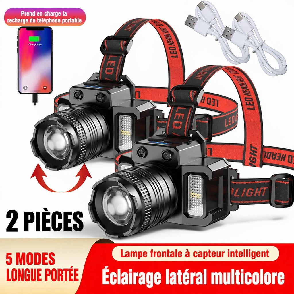 Lot de 2 lampes frontales Lumeoo rechargeables USB avec capteur de mouvement, zoom et fonction powerbank.