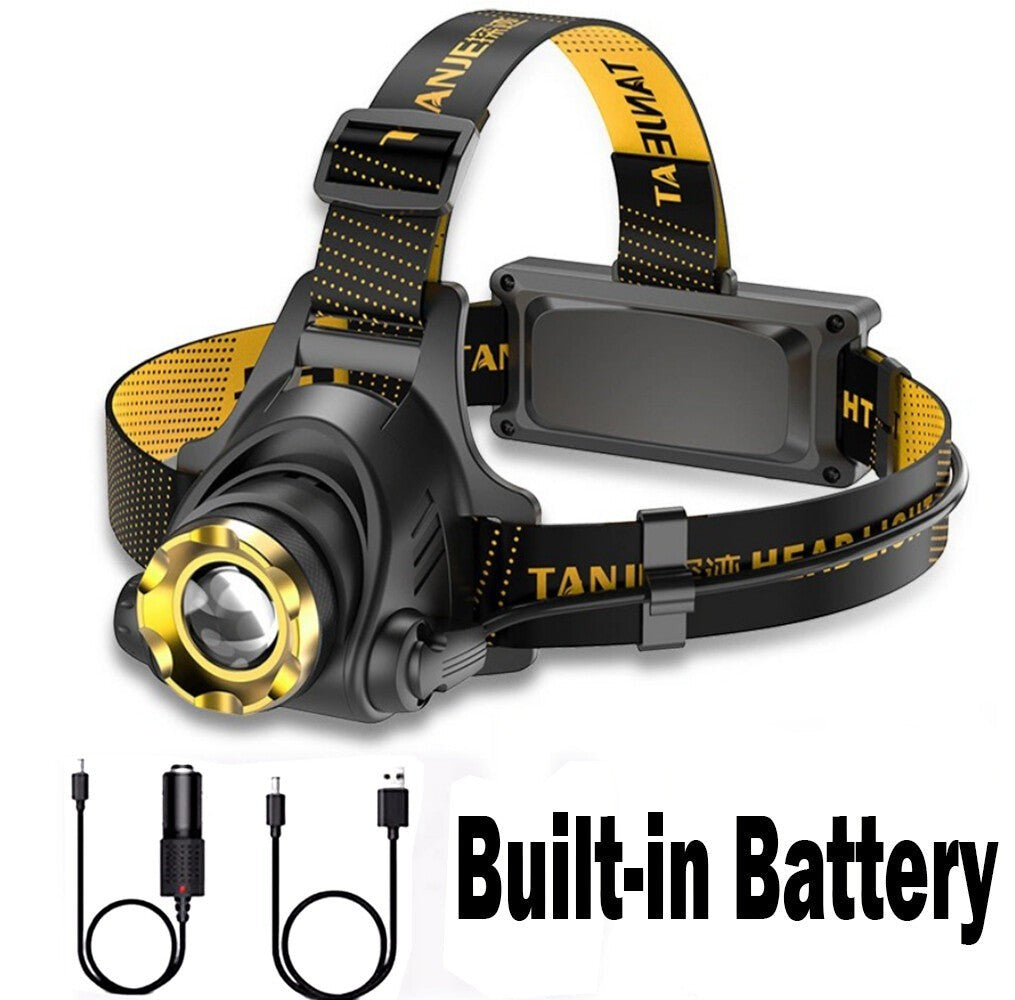 Lampe frontale Lumeoo ZOOMEX LED rechargeable avec zoom télescopique, 3 modes d'éclairage et sangle réglable jaune/noir