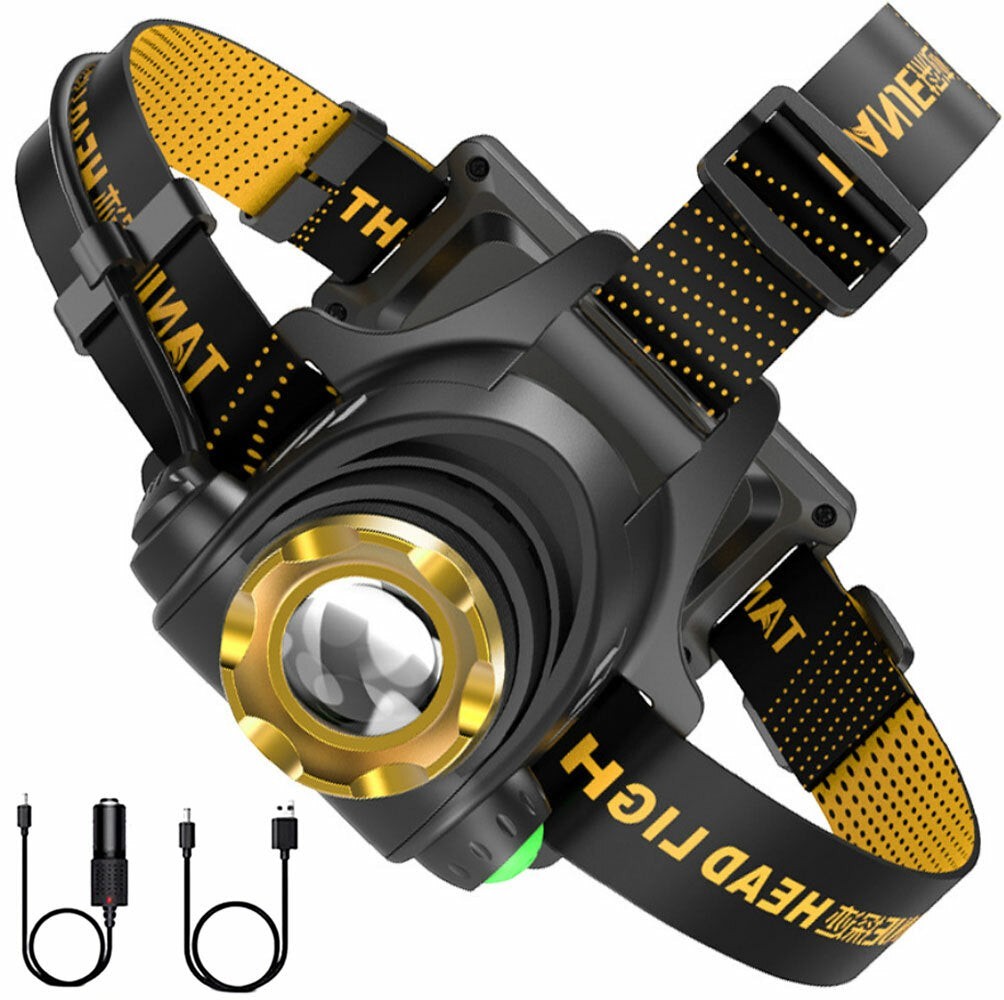 Lampe frontale Lumeoo LED rechargeable avec zoom télescopique, sangle noire et jaune, idéale pour le camping.