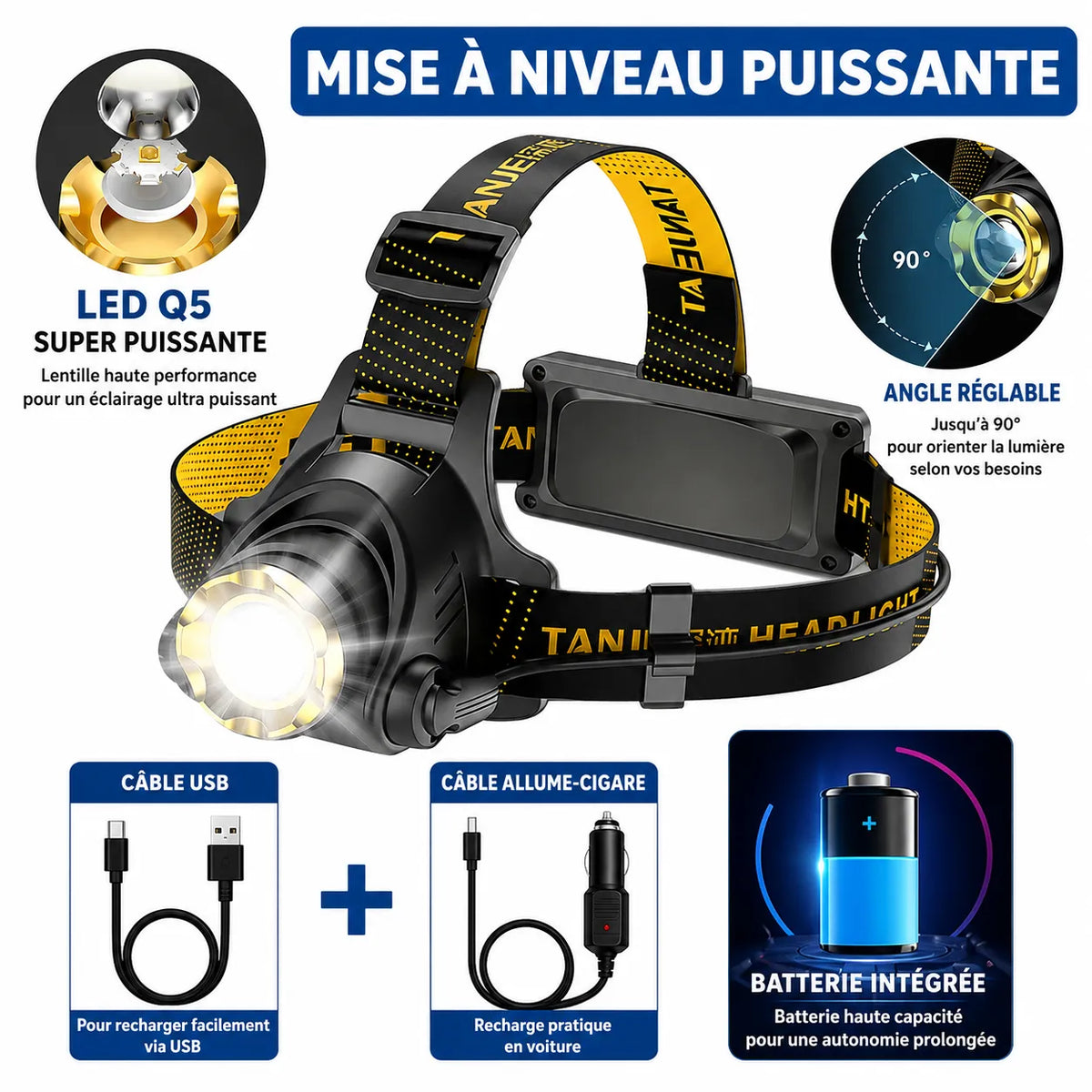 Lampe frontale Lumeoo LED rechargeable avec zoom télescopique, 3 modes d'éclairage et bandeau ajustable noir et jaune.