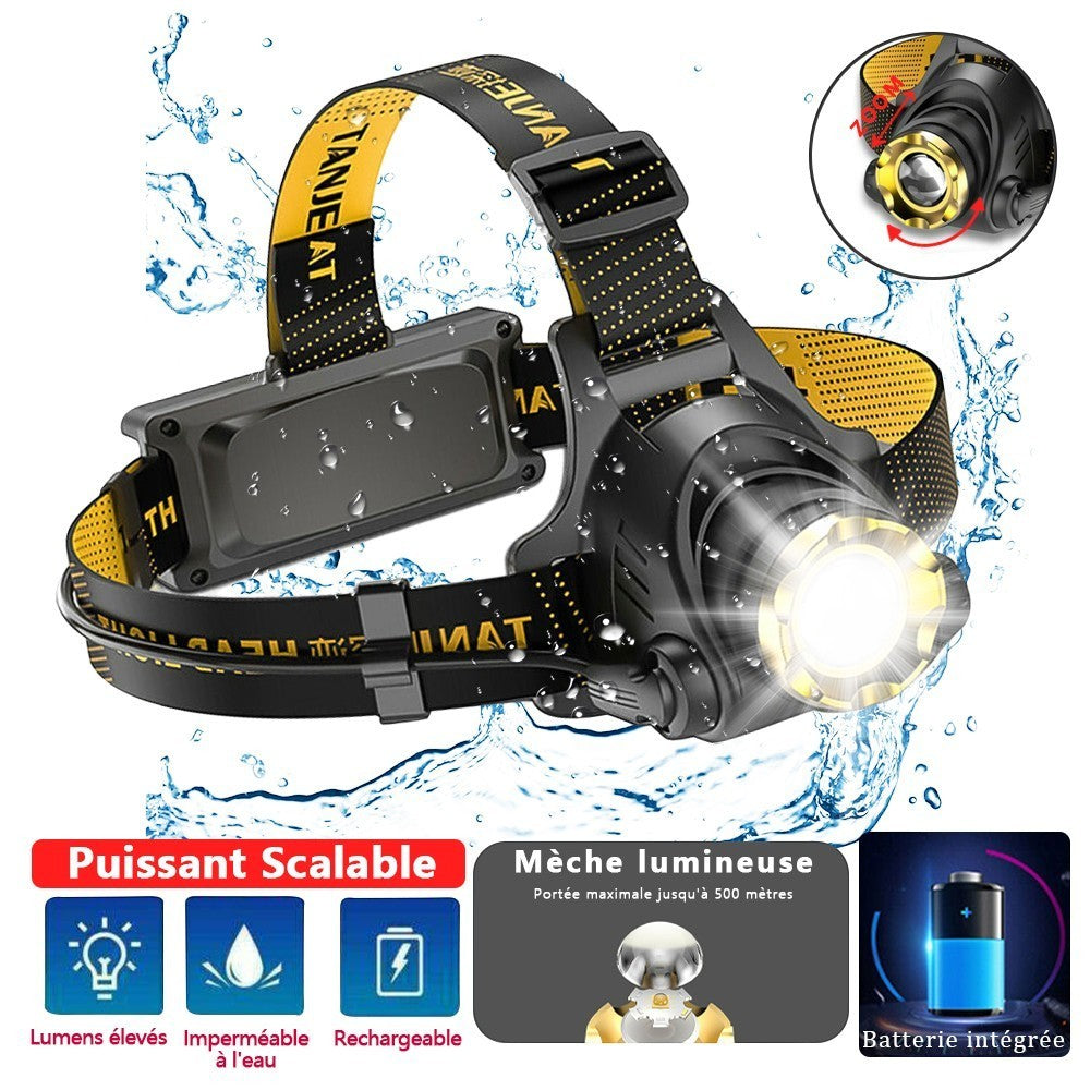 Lampe frontale Lumeoo ZOOMEX LED rechargeable, étanche, avec zoom télescopique et 3 modes d'éclairage pour le camping.