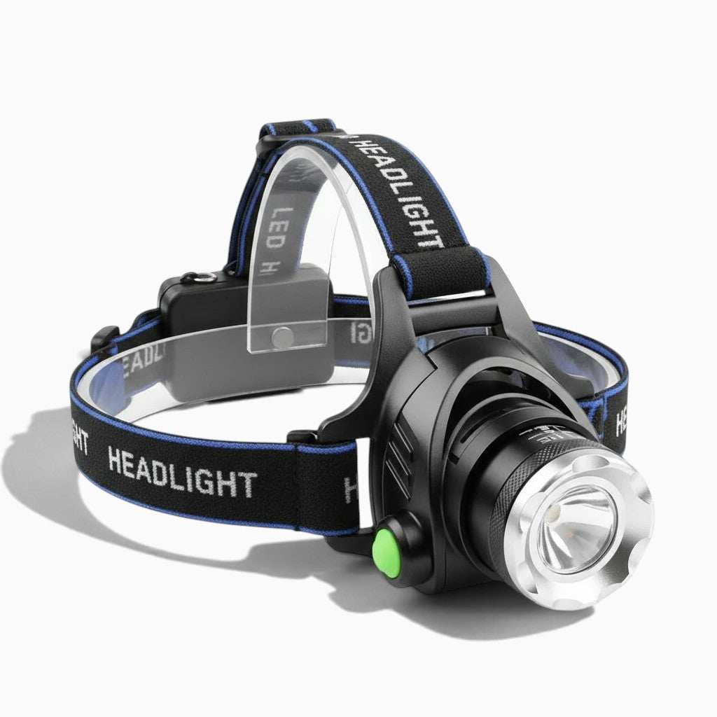 Lampe frontale LED rechargeable Lumeoo avec bandeau élastique noir et bleu, 3 modes d'éclairage et bouton vert
