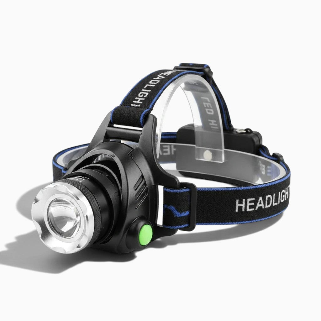 Lampe frontale LED rechargeable Lumeoo avec sangle réglable noire et bleue, bouton vert et trois modes d'éclairage
