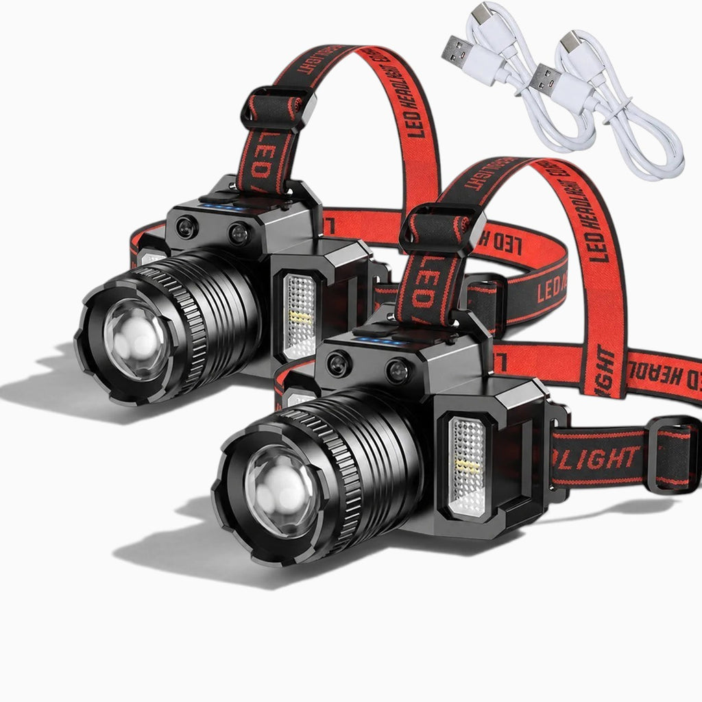 Deux lampes frontales LED Lumeoo noires avec zoom ajustable, bandeau rouge et câble de chargement USB inclus