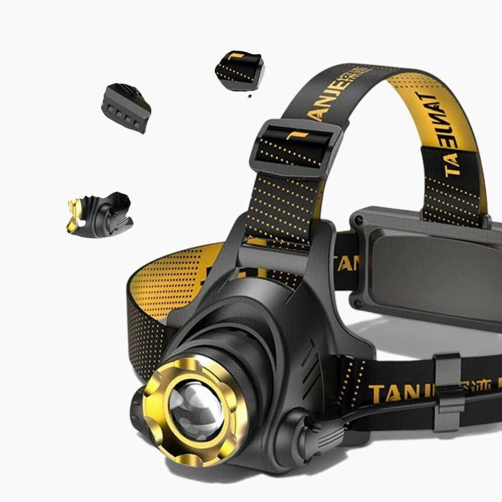 Lampe frontale Lumeoo ZOOMEX LED rechargeable avec zoom télescopique, bandeau noir et jaune, 3 modes d'éclairage