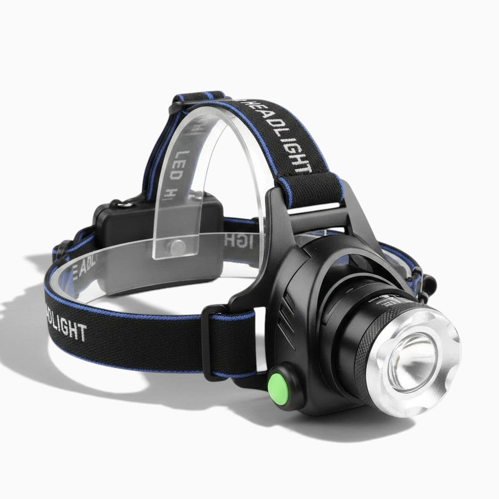 Lampe frontale LED rechargeable Lumeoo noire avec sangle élastique réglable et bouton de commande vert