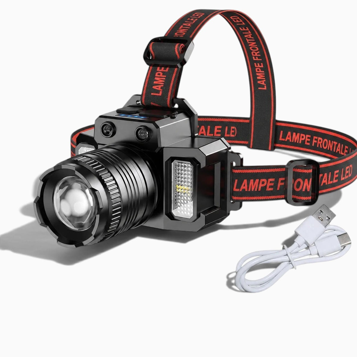 Lampe frontale Lumeoo SENSAFRONT LED rechargeable avec zoom, capteur de mouvement et sangle réglable noire et rouge