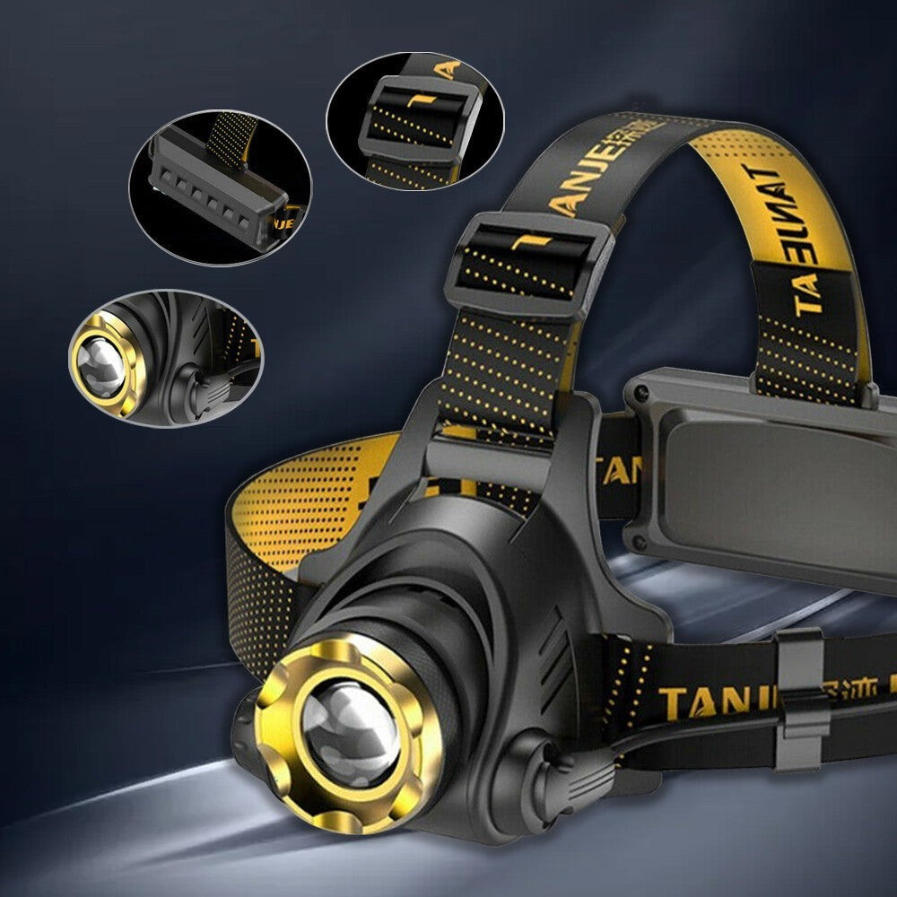 Lampe frontale Lumeoo LED rechargeable avec zoom télescopique, bandeau noir et jaune, 3 modes pour camping et sport.