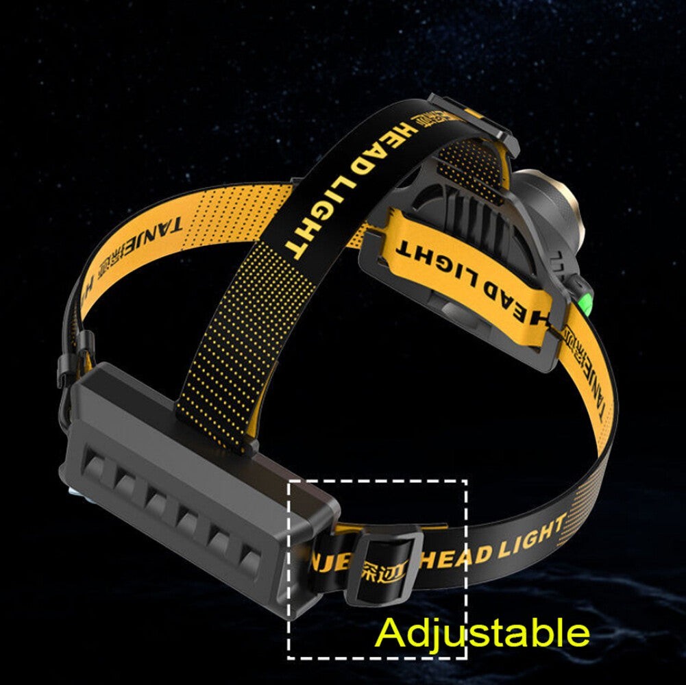 Lampe frontale Lumeoo ZOOMEX LED rechargeable avec zoom télescopique, sangle ajustable noire et jaune pour le camping.