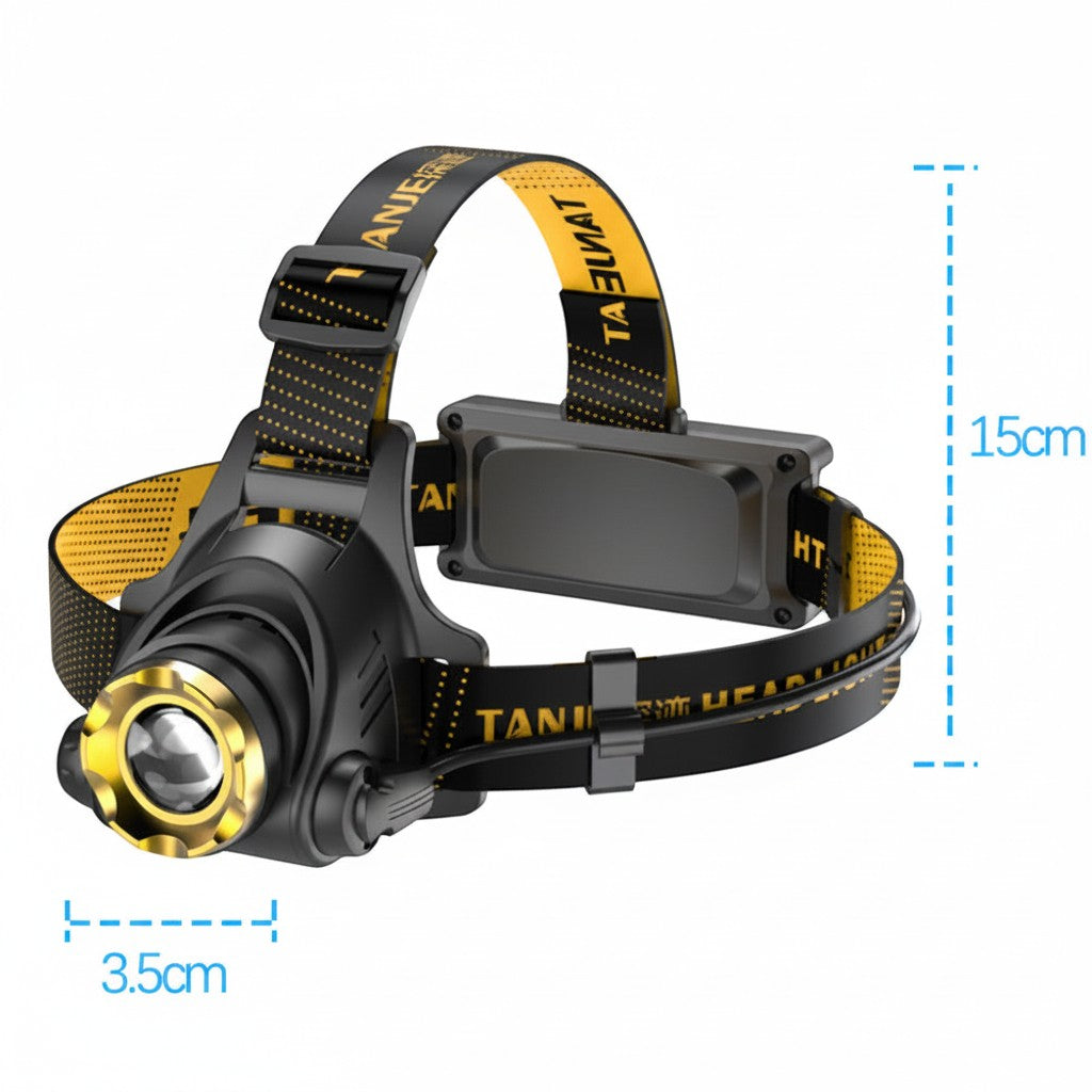 Lampe frontale Lumeoo ZOOMEX LED rechargeable avec zoom télescopique, bandeau noir et jaune, 3 modes d'éclairage.